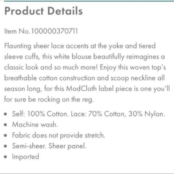 Modcloth White Cotton Short Sleeve Blouse Puff Sleeves Daisy Print Lace White XS - Picture 4 of 11